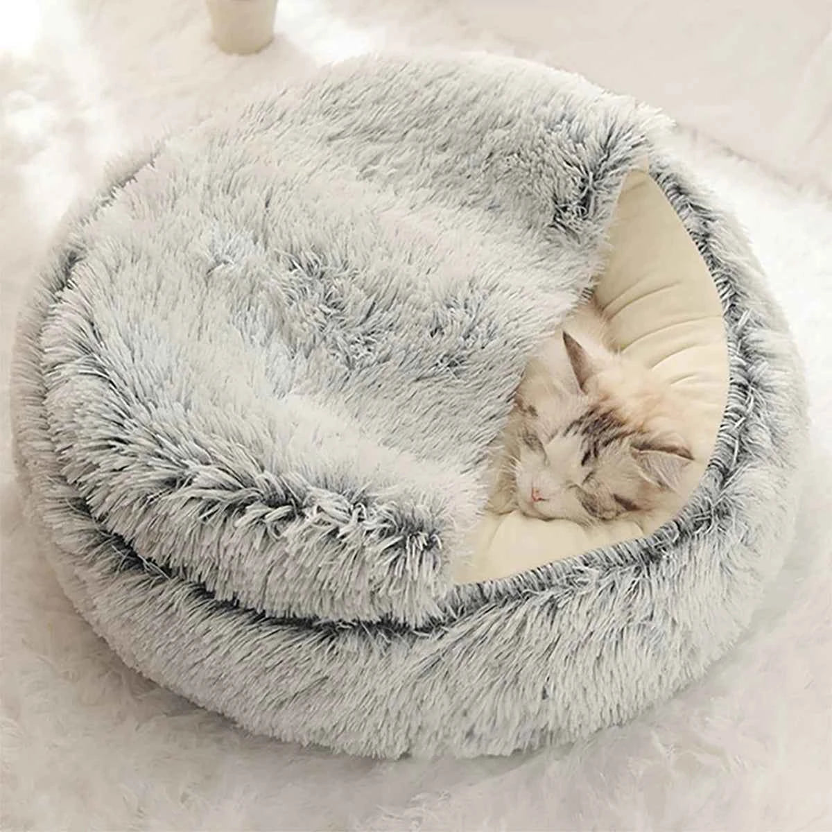 ORIA Fluffy Doughnut Pet Bed - Cozy Hooded Cat Cave & Anti-Anxiety Small Dog Bed