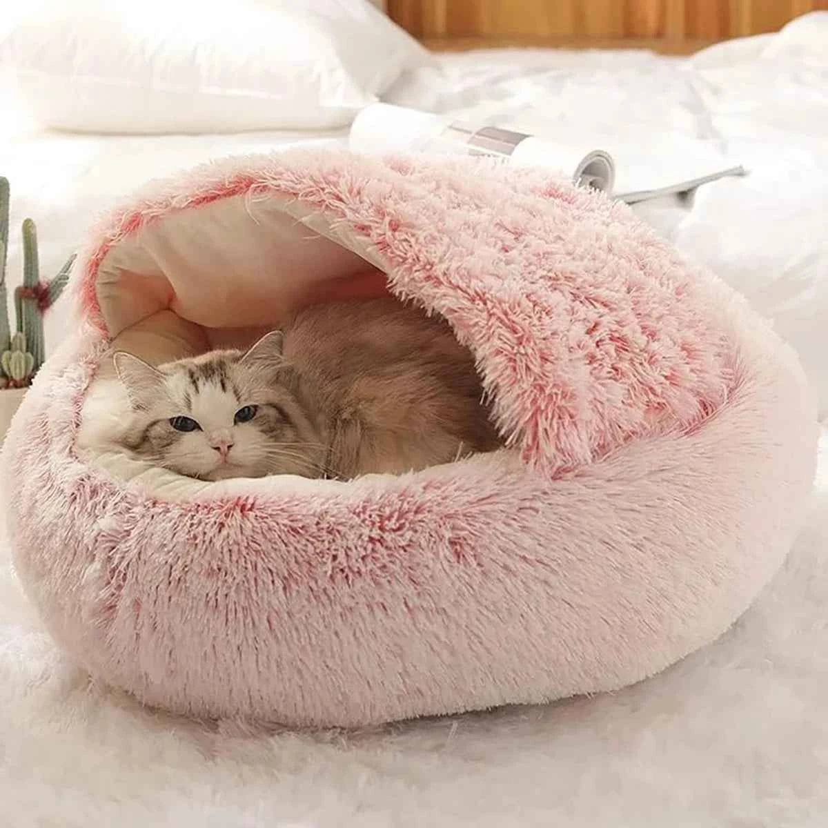 ORIA Fluffy Doughnut Pet Bed - Cozy Hooded Cat Cave & Anti-Anxiety Small Dog Bed