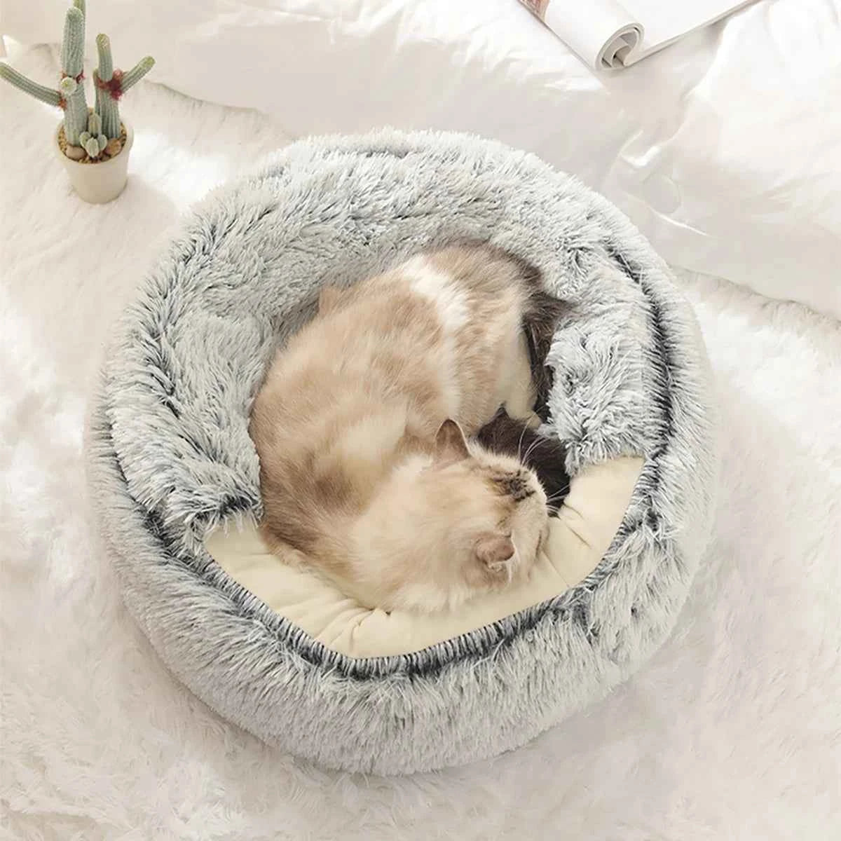 ORIA Fluffy Doughnut Pet Bed - Cozy Hooded Cat Cave & Anti-Anxiety Small Dog Bed