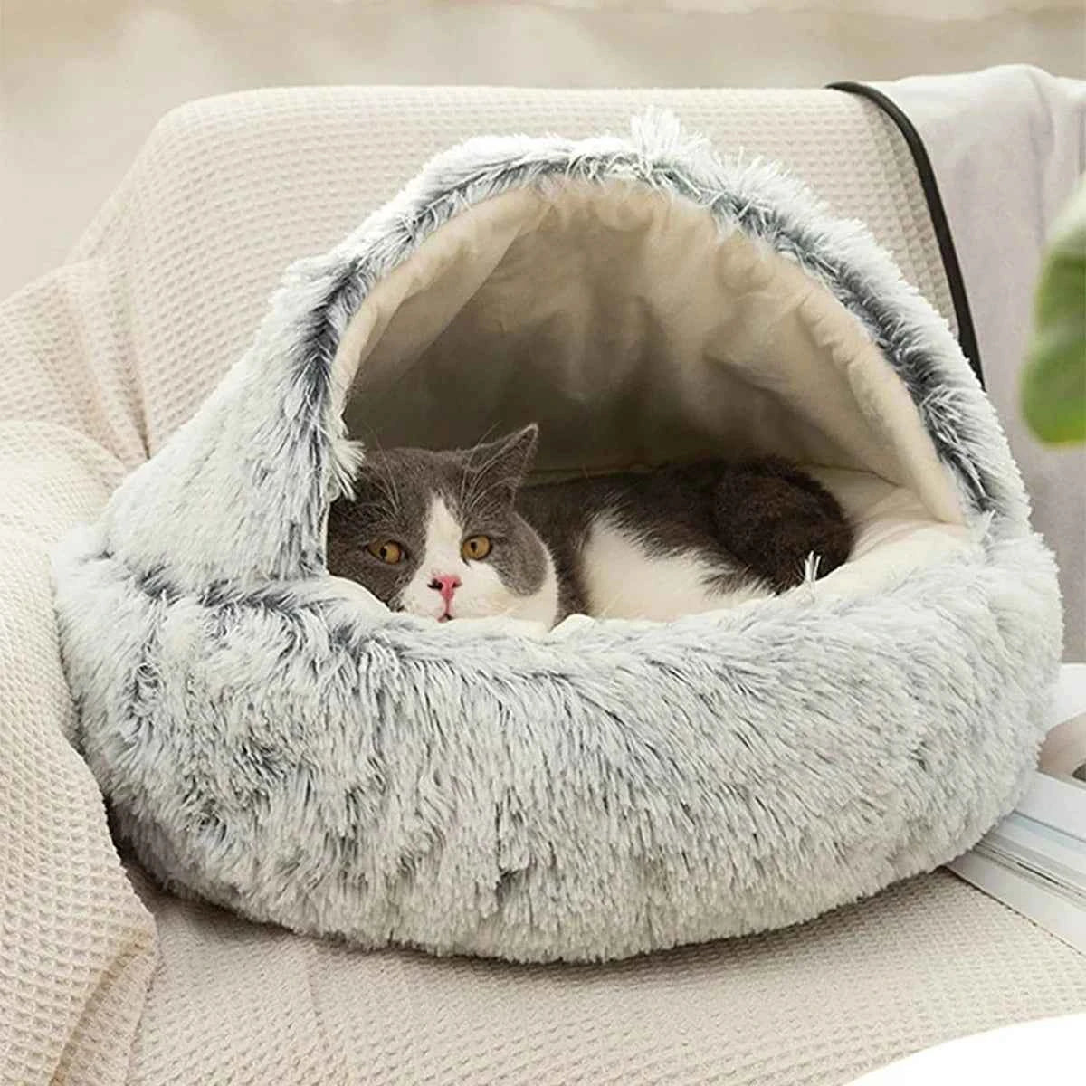 ORIA Fluffy Doughnut Pet Bed - Cozy Hooded Cat Cave & Anti-Anxiety Small Dog Bed