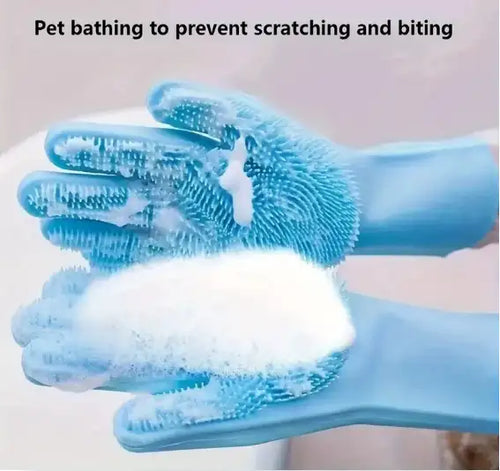 Blue gloves with textured surface holding a white powdery substance against a neutral background.