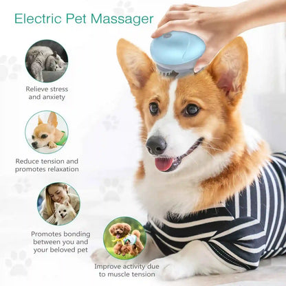 Dog being massaged with an electric pet massager, showing benefits on a light gray background.