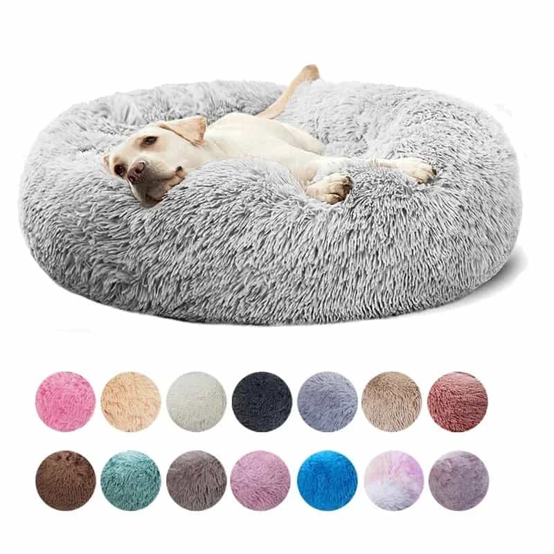 Dog lying on a fluffy gray pet bed with color swatches below.